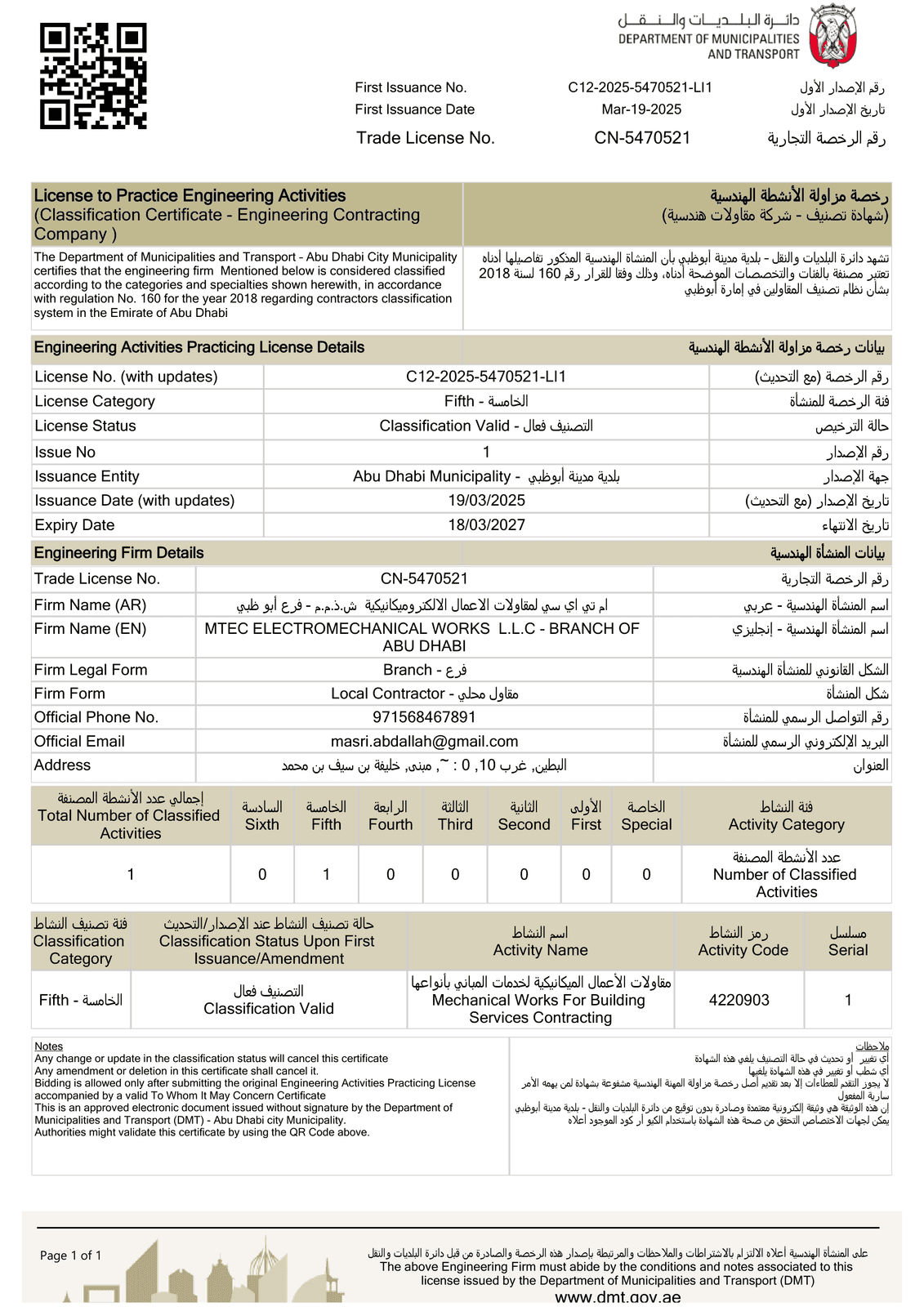 Engineering Activities Practice License / Classification (CN-5470521)
