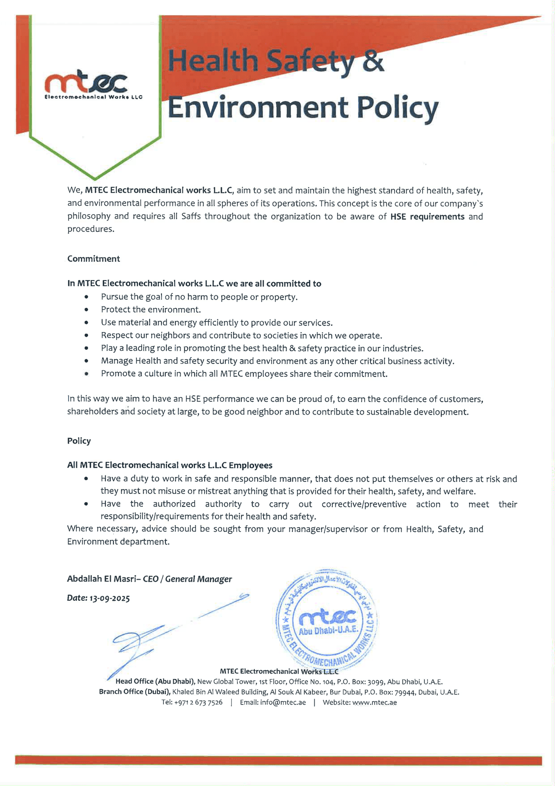 Health, Safety & Environment (HSE) Policy