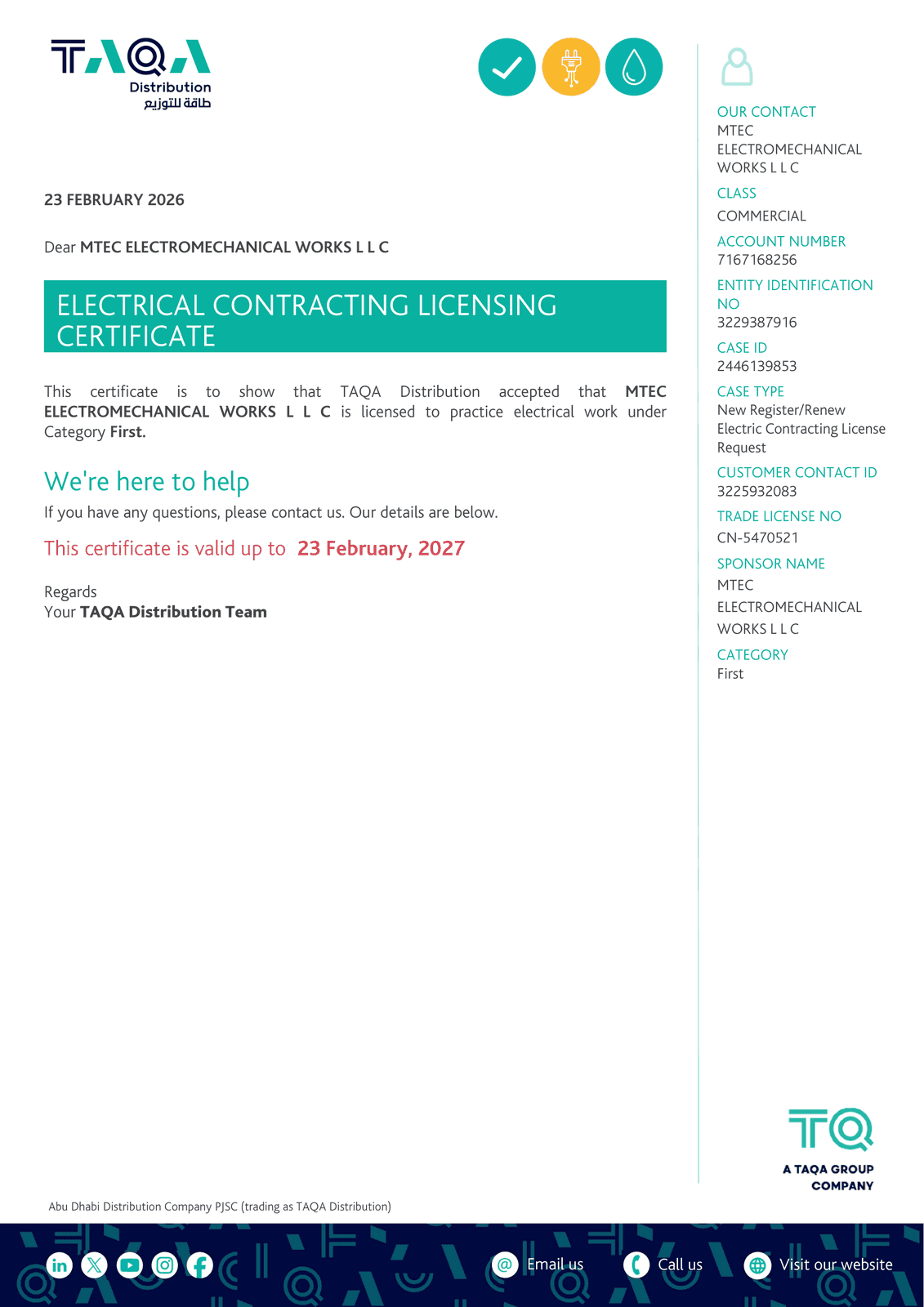 TAQA Electrical Contracting Licensing Certificate